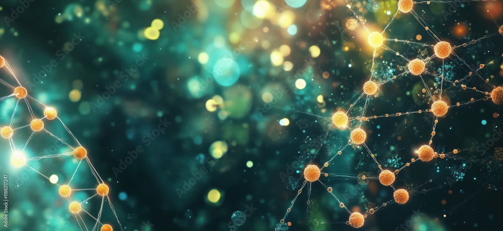 Poster abstract representation of molecular structures and connections, showcasing vibrant colors and intri