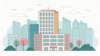 Obraz premium cute office building with city scape, illustration background