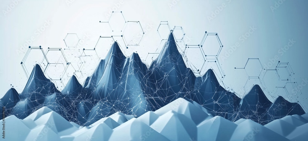 Poster abstract mountain landscape with network connections and molecular structures, showcasing technology