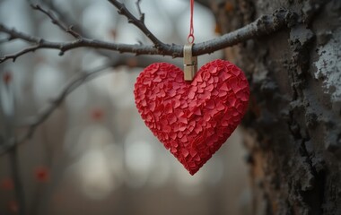 Fototapeta premium A close-up of a red paper heart hanging from a tree branch, attached with small clothespins. The natural texture of the branch contrasts with the heart, evoking simplicity and love.