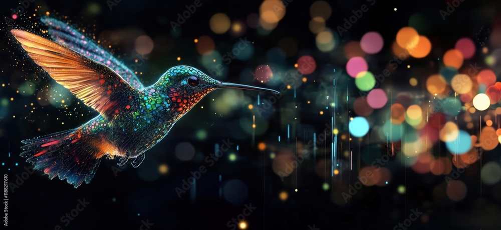 Poster colorful hummingbird flying through vibrant bokeh lights, showcasing intricate details and shimmerin