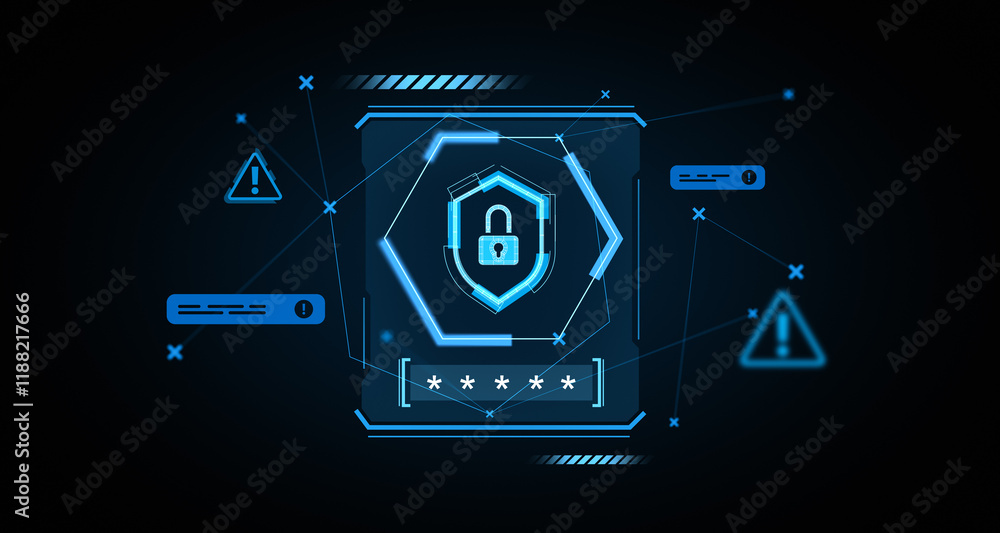 Poster cybersecurity concept with glowing padlock, warnings, password icons on a tech interface. 3d renderi