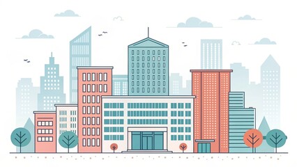Fototapeta premium cute office building with city scape, illustration background