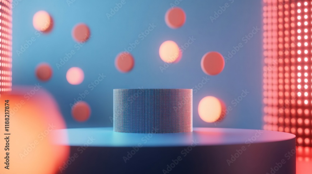 Poster abstract cylindrical display with red and blue lights