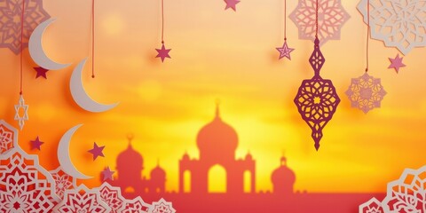 Ornamental paper cutouts of crescents, stars, and geometric patterns hanging against a vibrant sunset backdrop with a silhouette of a mosque in the distance.