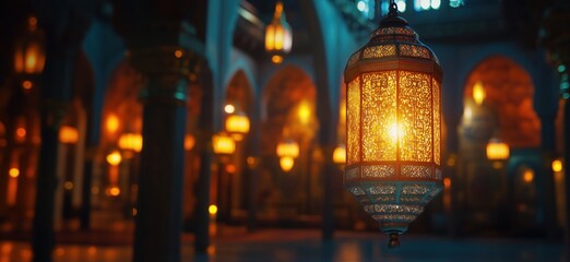 Intricate Lantern Illuminating Majestic Interior of Ornate Mosque with Warm Glow and Architectural Details, copy space for text