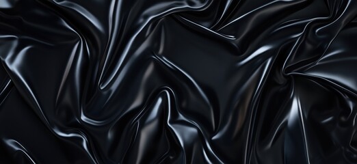 Fototapeta premium Black satin fabric texture with intricate folds and creases, showcasing a glossy surface and rich depth, ideal for fashion and design applications, copy space for text