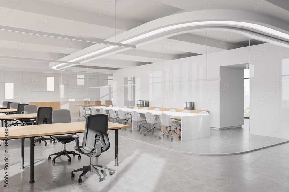 Poster modern open office space with minimalist design and glass partitions. 3d rendering