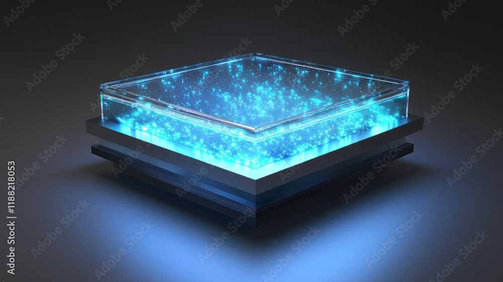 Poster illuminated glass cube with embedded blue particles