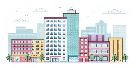 Fototapeta premium cute office building with city scape, illustration background