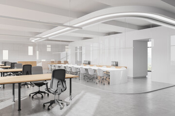 Modern open office space with minimalist design and glass partitions. 3D Rendering