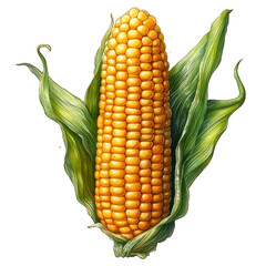 A vibrant illustration of an ear of corn with green leaves.