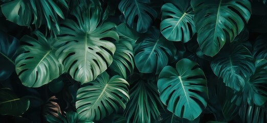 Lush Green Monstera Leaves Creating Dense Tropical Foliage Background, Ideal for Nature and Interior Design Themes, copy space for text