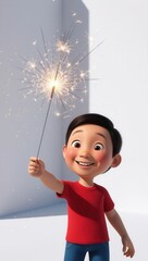 Joyful child celebrating with sparkler indoor setting cartoon style bright atmosphere