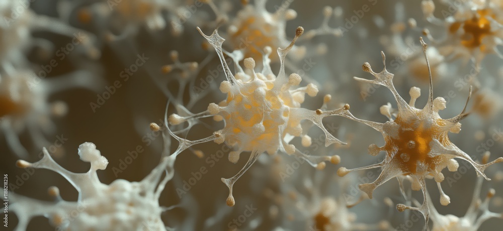 Poster microscopic view of intricate cellular structures resembling viruses or pathogens, showcasing detail