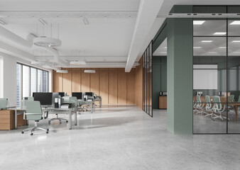 Modern open office with glass partitions and wooden paneling, featuring sleek workstations and conference room in soft green and natural tones. 3D Rendering
