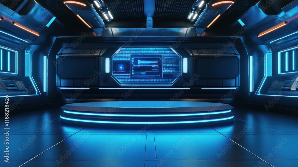Poster futuristic sci fi room with illuminated platform