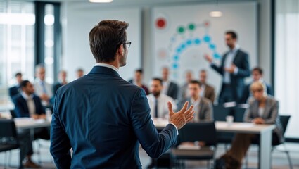 Confident businessman giving a presentation in front of crowd in meeting conference seminar room. Leadership authority teamwork in business concept