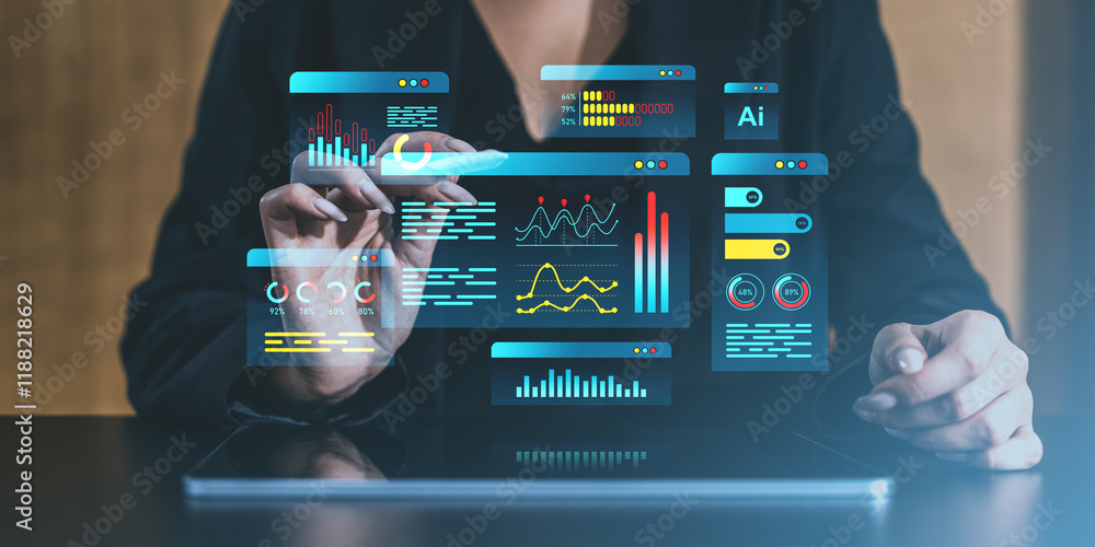 Poster interactive digital interface with graphs and ai concept visualization.