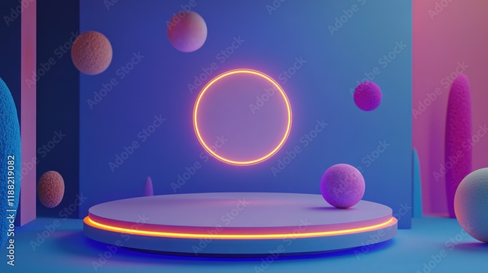 Poster Neon Lit Platform with Floating Spheres and Abstract Shapes