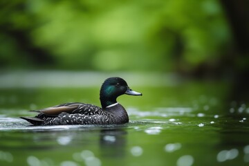 Fototapeta premium Lone duck swimming on a calm green lake in natural sunlight
