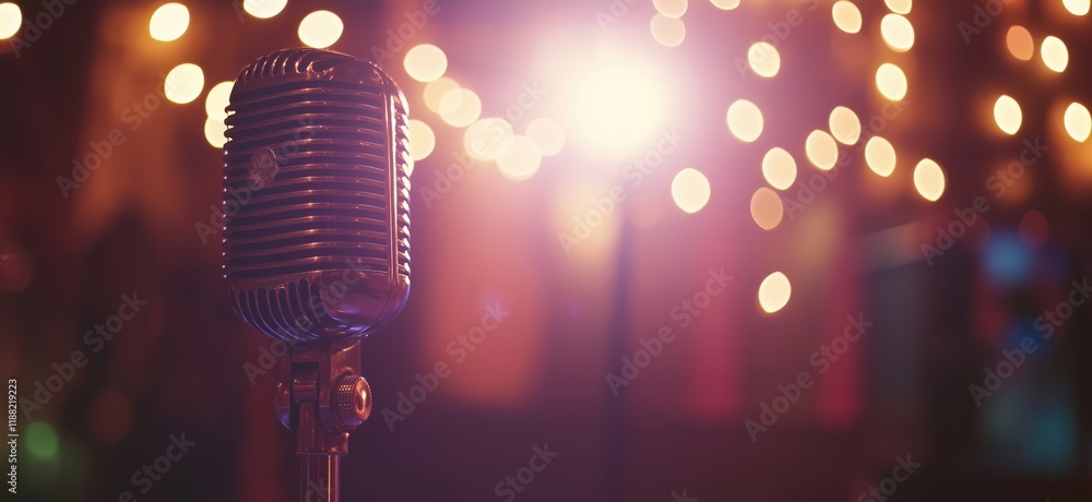Poster vintage microphone illuminated by soft bokeh lights, creating a warm and inviting atmosphere for per