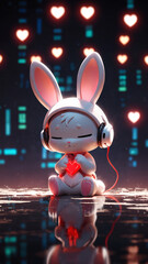 Adorable bunny rabbit wearing headphones, holding a heart, reflected in a puddle.  Sweet and romantic digital art.