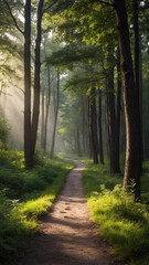 Obraz premium Sunlit path winding through a lush green forest. Rays of sunlight pierce the canopy, illuminating the way.