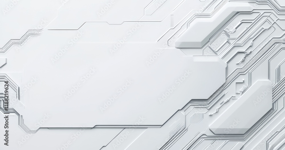 Poster abstract white technological background with circuit lines and geometric shapes.