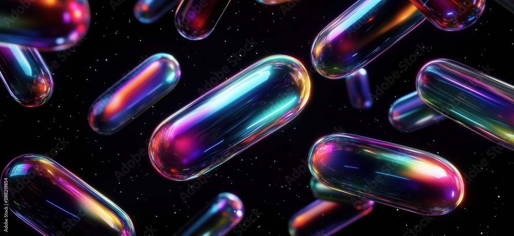 Aufkleber colorful abstract capsules floating in space, reflecting light and creating a vibrant cosmic atmosph