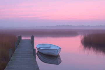 Obraz premium Wooden pier extending into a calm lake at sunrise