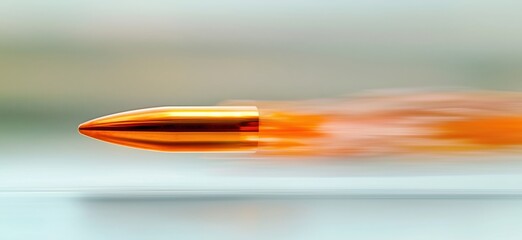 Bullet in motion with dynamic blur effect showcasing speed and precision, metallic finish, and aerodynamic design, copy space for text