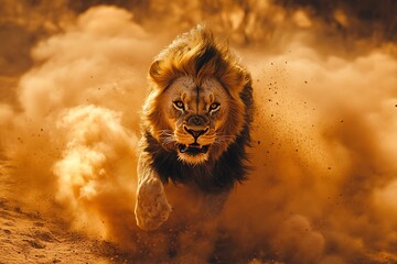 A lion charging across the savannah, dust clouds forming under its powerful strides