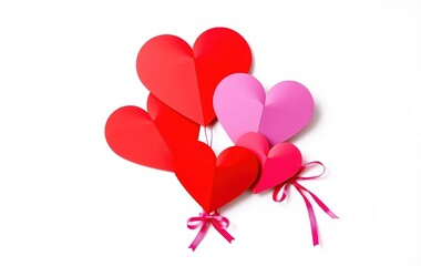 A group of red, pink, and purple paper hearts are arranged in a tiered formation, with the largest heart on top and the smallest on the bottom.