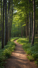 Fototapeta premium Sun-dappled path winding through a lush green forest. Tall trees create a canopy overhead, casting shadows on the earthy trail.