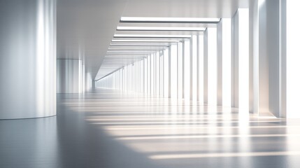 Modern minimalist hallway with bright sunlight streaming through large windows and columns.