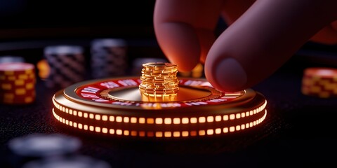 A hand placing chips on a roulette table in an exciting casino atmosphere.