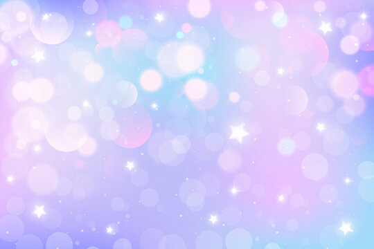 Fototapeta Cute purple and pink unicorn background with glittering stars. Kawaii fantasy sky with bokeh and sparkles. Dreamy fairy gradient pastel bg with holographic iridescent effect. Vector wallpaper