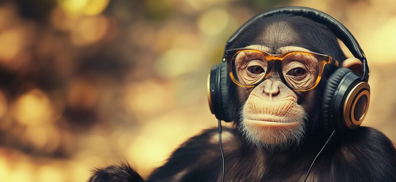 Chimpanzee wearing headphones and glasses, showcasing a playful and intelligent expression in a vibrant, blurred background, copy space for text