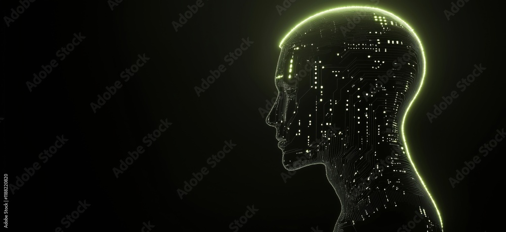 Poster digital silhouette of human head with glowing circuit patterns representing artificial intelligence 