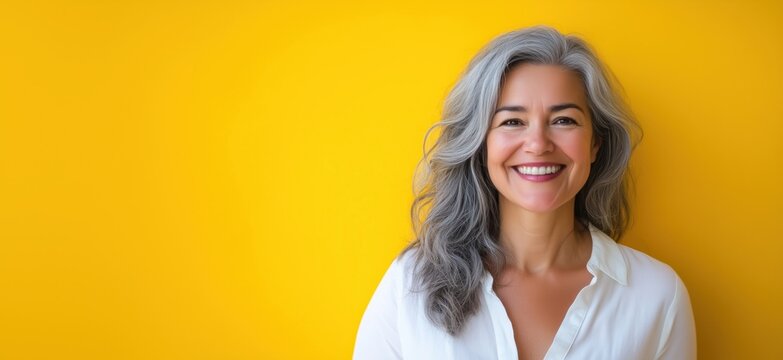 Smiling woman with gray hair against vibrant yellow background, showcasing confidence and beauty in aging, wearing white shirt, natural light, copy space for text