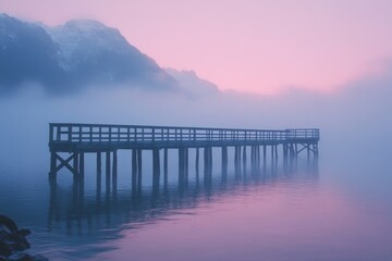 Obraz premium Foggy pier extending over a serene lake at dawn