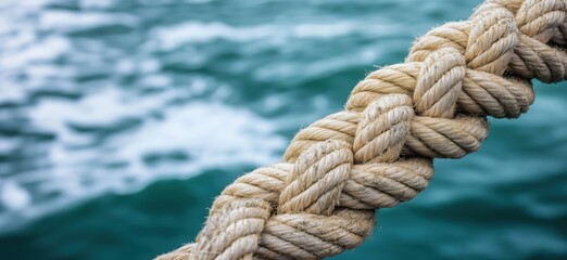 Fototapeta premium Braided rope against turquoise water background, showcasing texture and craftsmanship, ideal for nautical themes and marine aesthetics, copy space for text