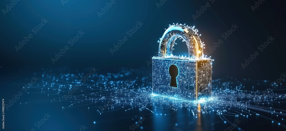 Poster digital lock symbolizing cybersecurity, data protection, and encryption technology with glowing circ