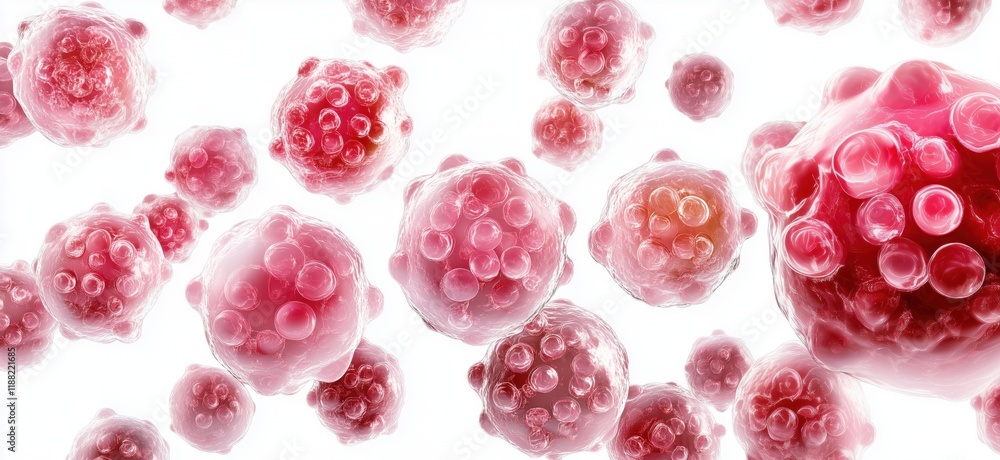 Poster microscopic view of vibrant red and pink cells showcasing cellular structures and textures, highligh