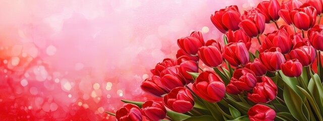 Red Tulips Bouquet: A vibrant and romantic bouquet of deep red tulips, background of warm, romantic hues. Valentine's day/ Mother's Day/ Women's Day card with a flower shaped heart and copy space