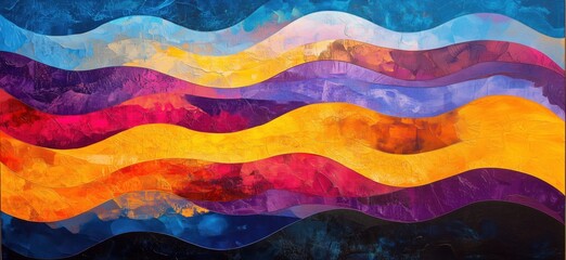 Colorful abstract waves painting with vibrant hues of purple, yellow, orange, and pink creating a dynamic visual flow, copy space for text