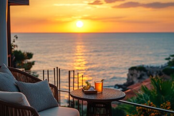 Scenic sunset over the ocean with a cozy balcony view