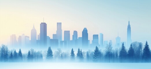 Fototapeta premium City skyline silhouette at dawn with misty forest foreground, showcasing modern skyscrapers and iconic architecture, copy space for text