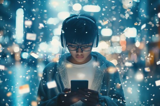 Young person immersed in a digital world surrounded by the influence of media and advertisements